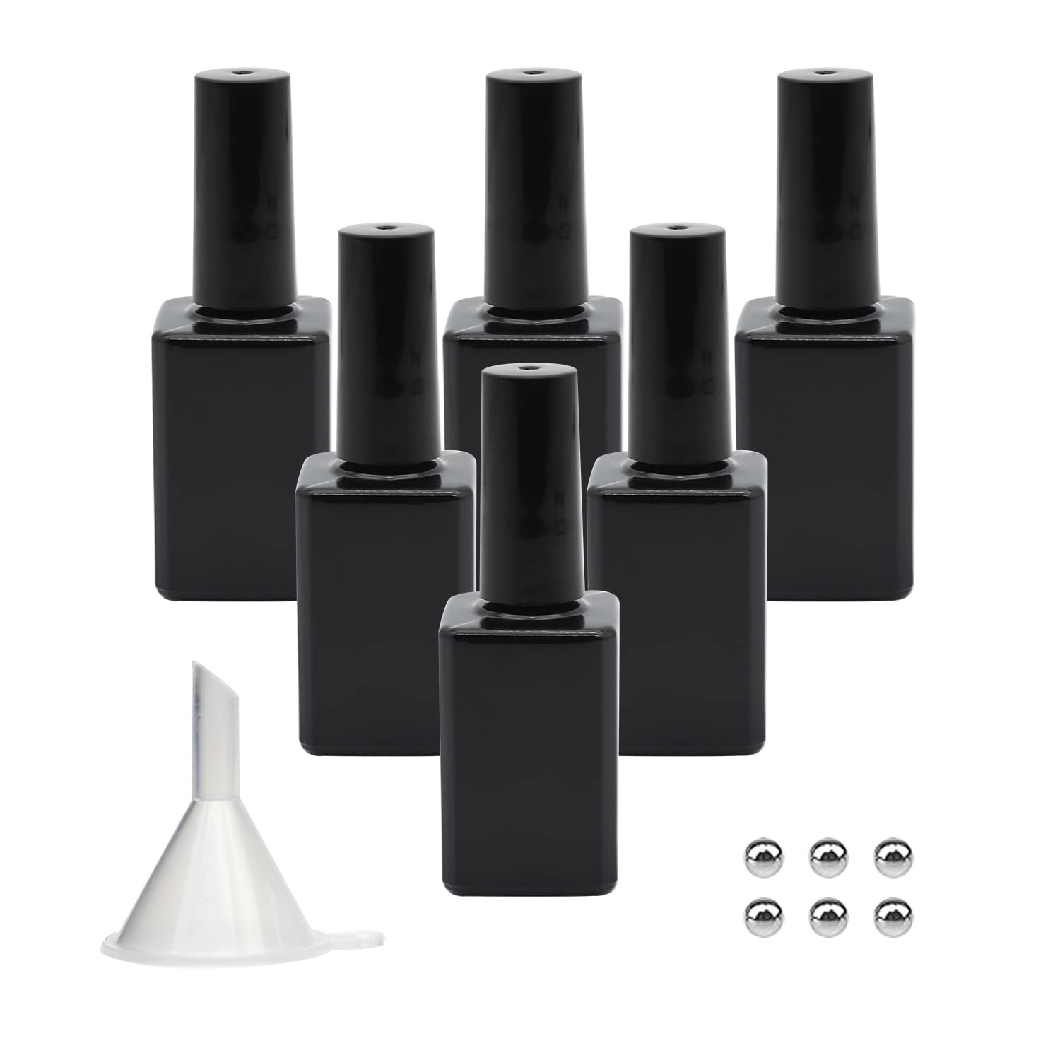Empty Nail Polish Bottles with Brush, 15ML Refillable Gel Polish Bottles – Black, Opaque Square Glass, UV Safe with Mixing Balls & Funnels, Pack of 6