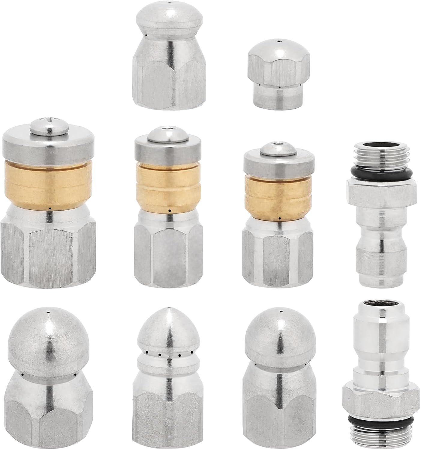 10pcs Sewer Jetter Nozzle Kit Stainless Steel, Pressure Washer Sewer Jetter Nozzle, 1/4″ & 3/8″ NPT Quick Connectors, 5000 PSI