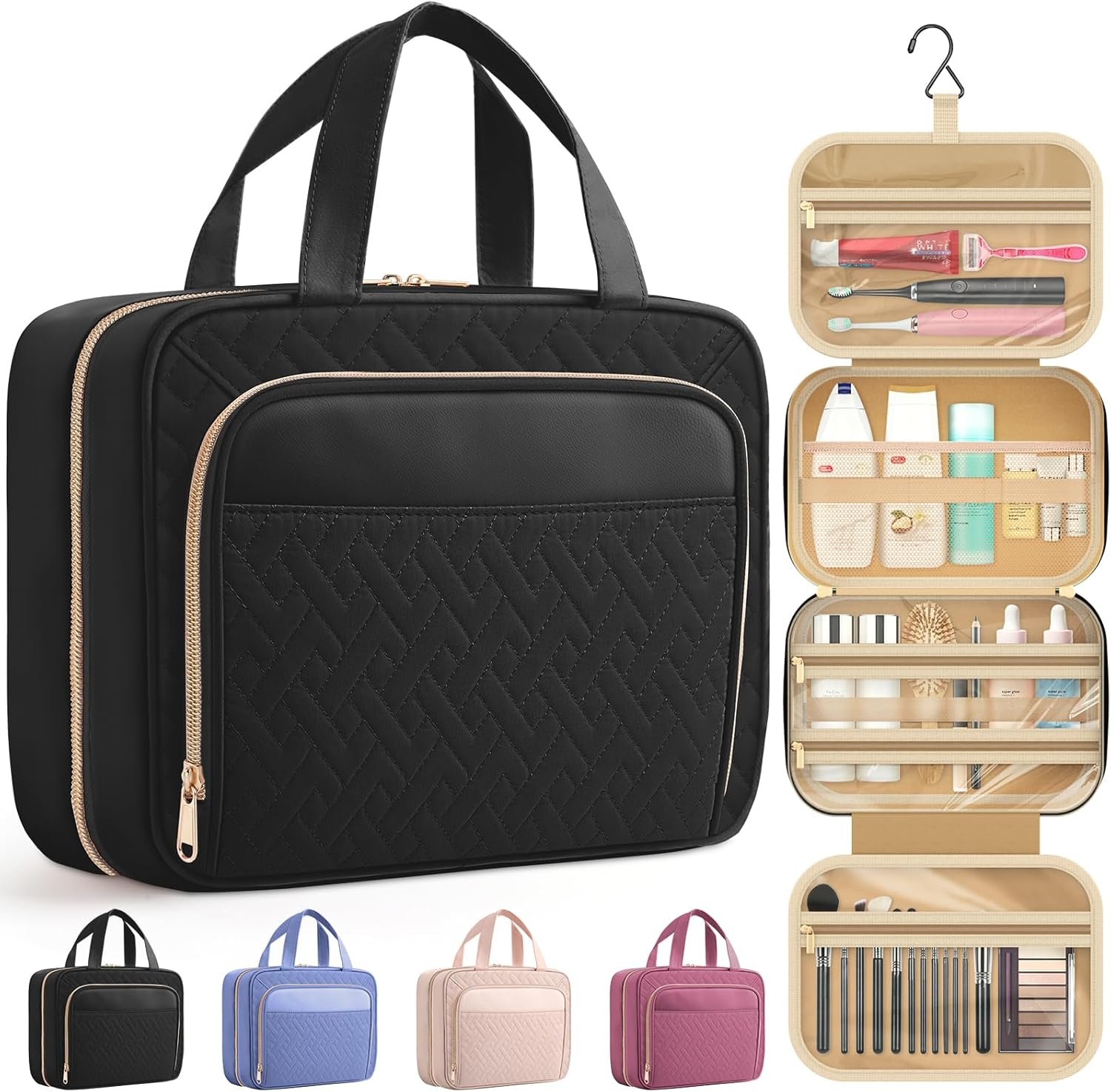 HOTOR Travel Toiletry Bag for Women & Men, Waterproof Makeup Bag with Hanging Hook and Multiple Pockets, Cosmetic Bags for Women, Travel Essentials, 11.2” x 3.2” x 8.9”, Black