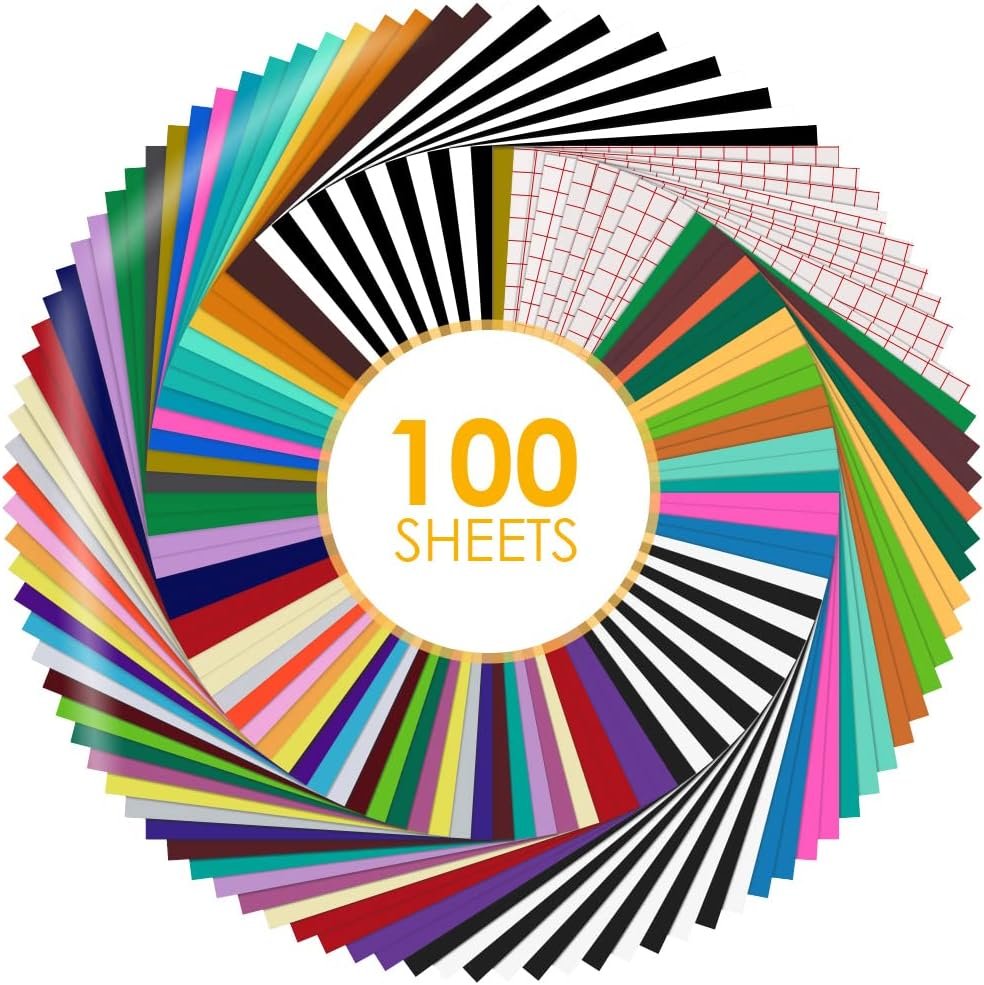 HTVRONT Permanent Vinyl for Cutting Machine-100 Pack 12 “x12 Adhesive Vinyl Sheets Set, 90 Sheets Permanent Bundle & 10 Transfer Tape for Projects and Crafting