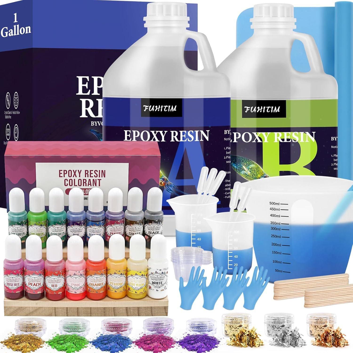 1 Gallon Crystal Clear Epoxy Resin Kit, High-Glossy& No Bubbles, Art & Casting Resin with 16 Epoxy Resin Pigment, Foil Flakes, Sequin,Craft Clear Resin for Art Crafts, Jewelry, Molds