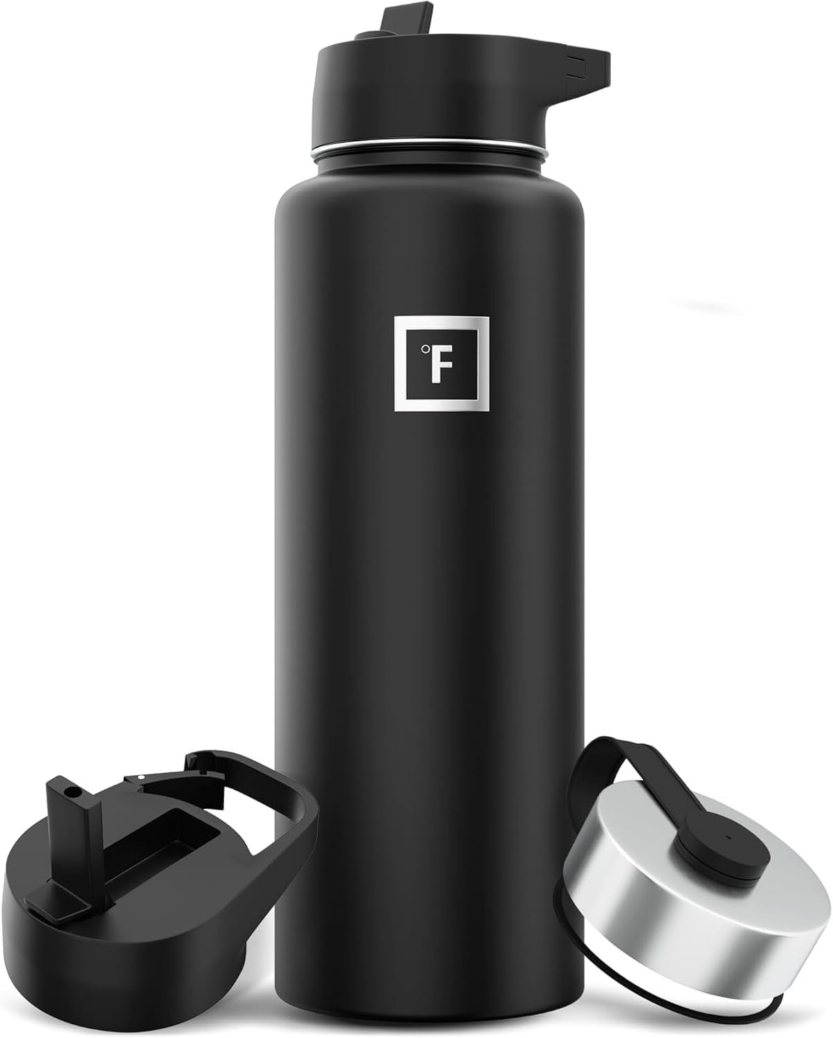IRON °FLASK Camping & Hiking Hydration Flask with Straw, Wide Mouth Insulated Stainless Steel Sports Water Bottle – 40 oz Midnight Black