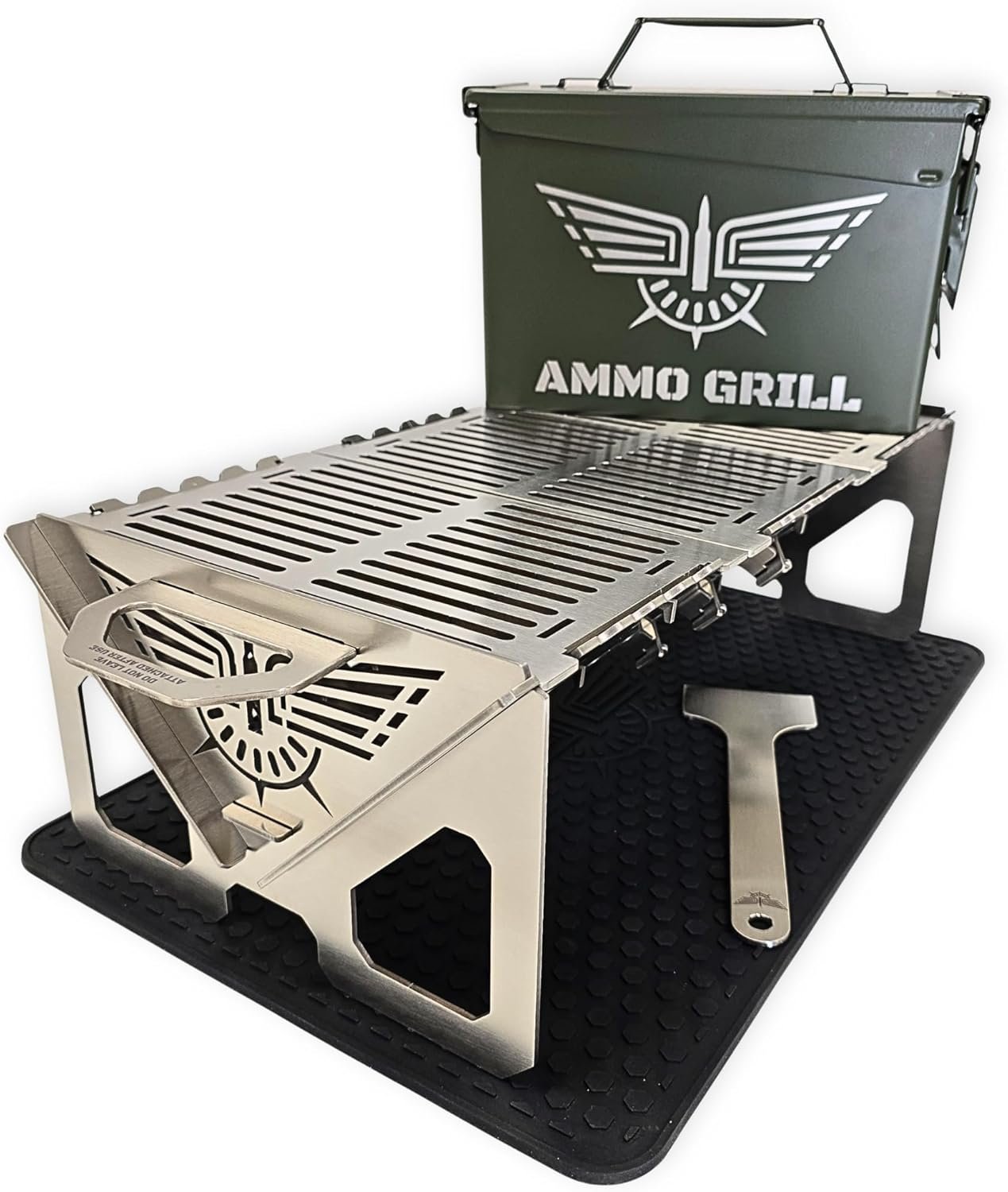 – M19A1 Base Model | 304 Stainless Steel Portable Charcoal Grill with 3 Grates, Silicone Mat & Scraper