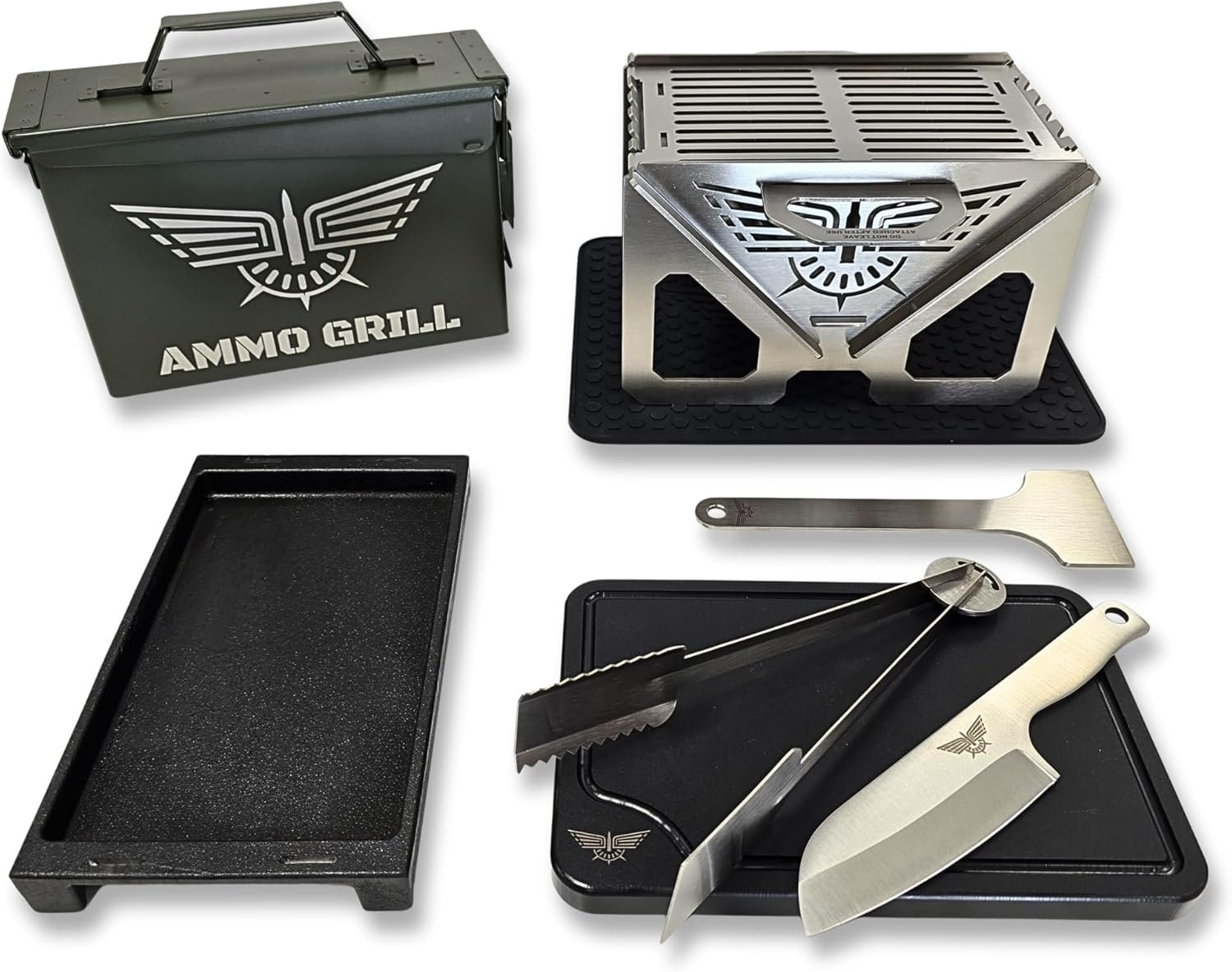 – M19A1 Field Cook Set | Portable Charcoal Grill Kit with 1″ Cast Iron Pan, Cutting Board, Knife & Tongs | Fits in Ammo Can | Great for Camping, Tailgating, Outdoors