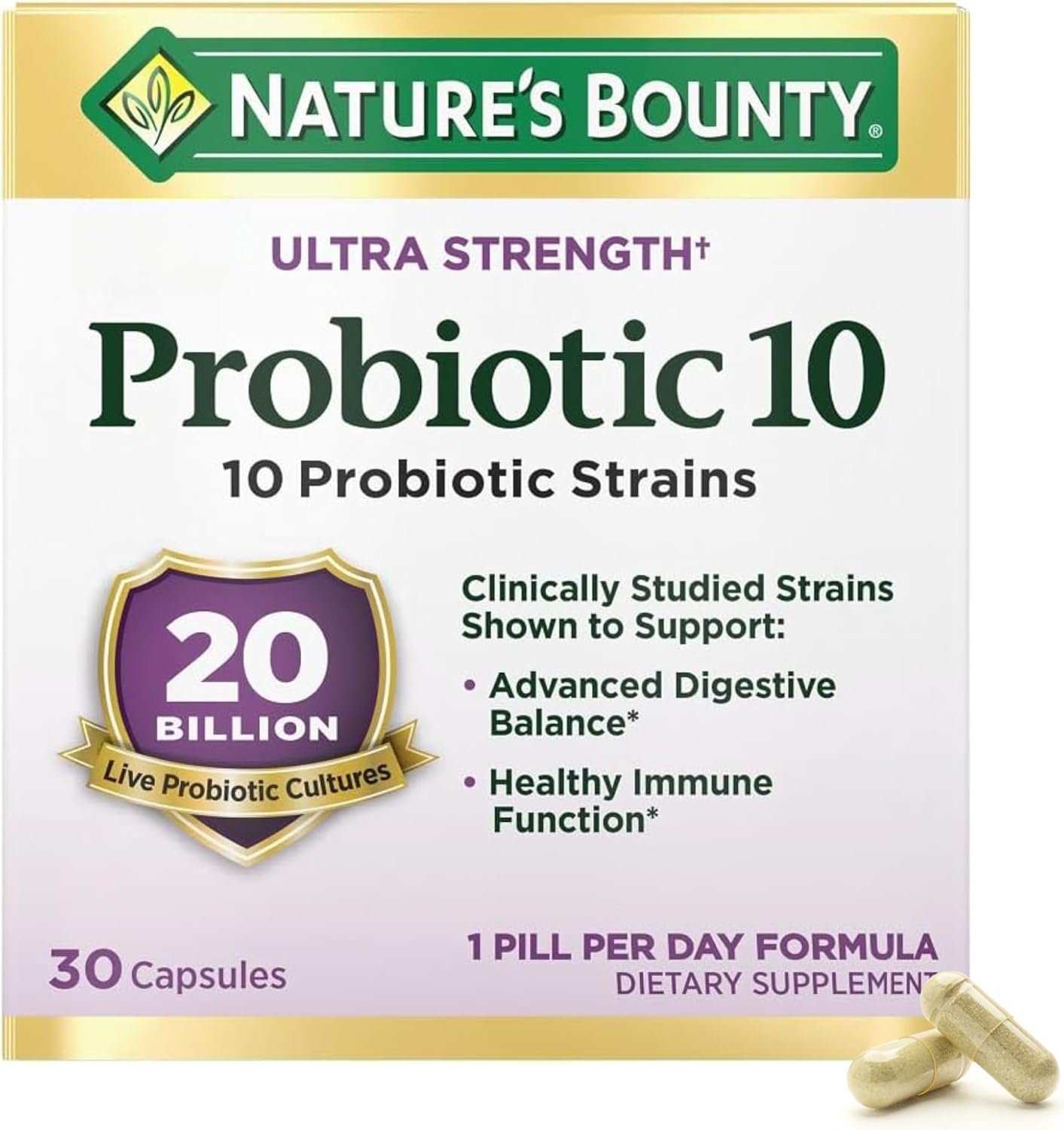 Nature’s Bounty Probiotic 10 Daily Probiotic Supplement for Digestive, Immune, and Upper Respiratory Support, Ultra Strength, 30 Capsules 1 Pack