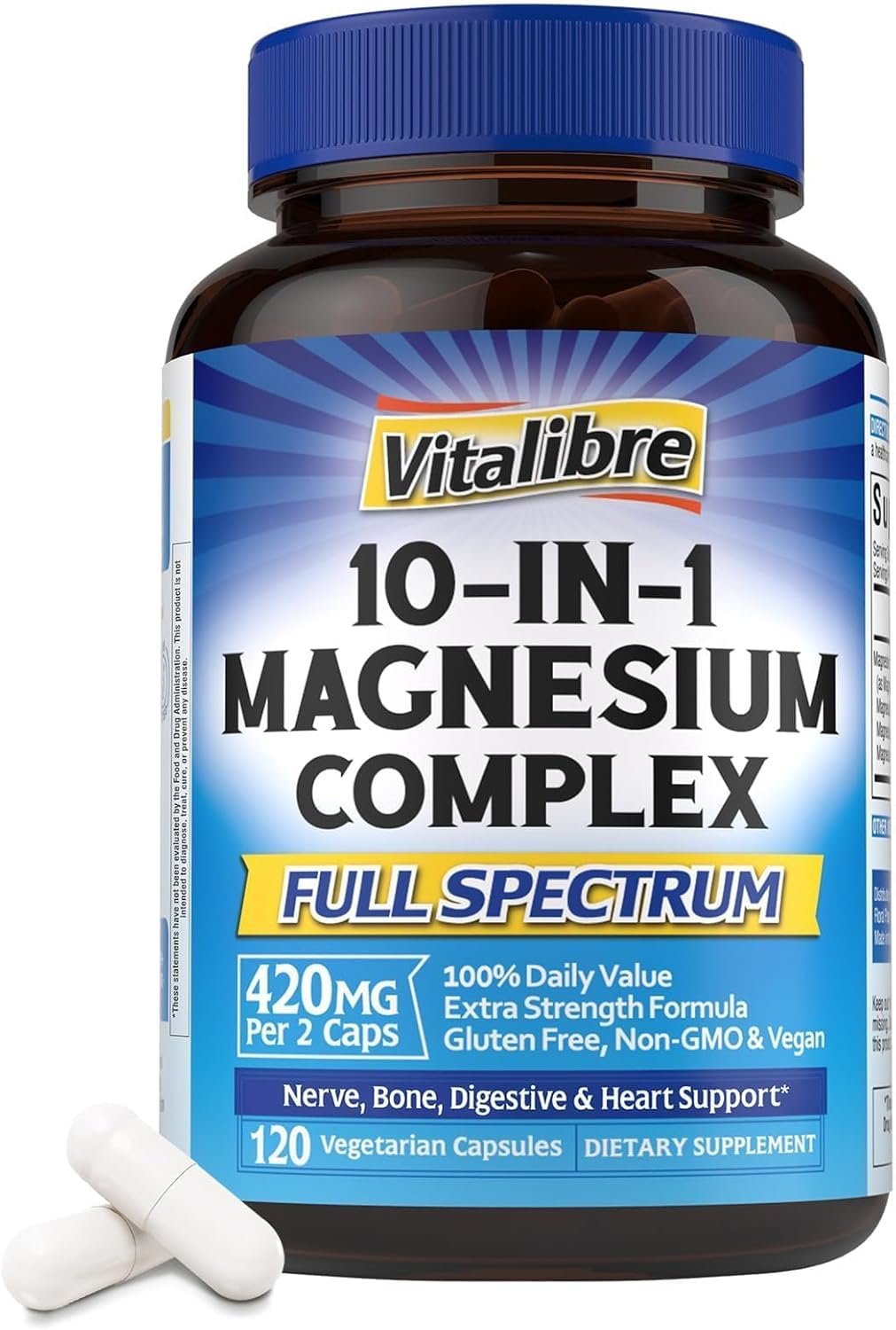 10 in 1 Magnesium Complex, 420mg Elemental Magnesium | Ultra Strength, Max Absorption | Chelated Magnesium Supplement for Nerves, Bone & Heart Health | Non-GMO, 120 Vegan Capsules