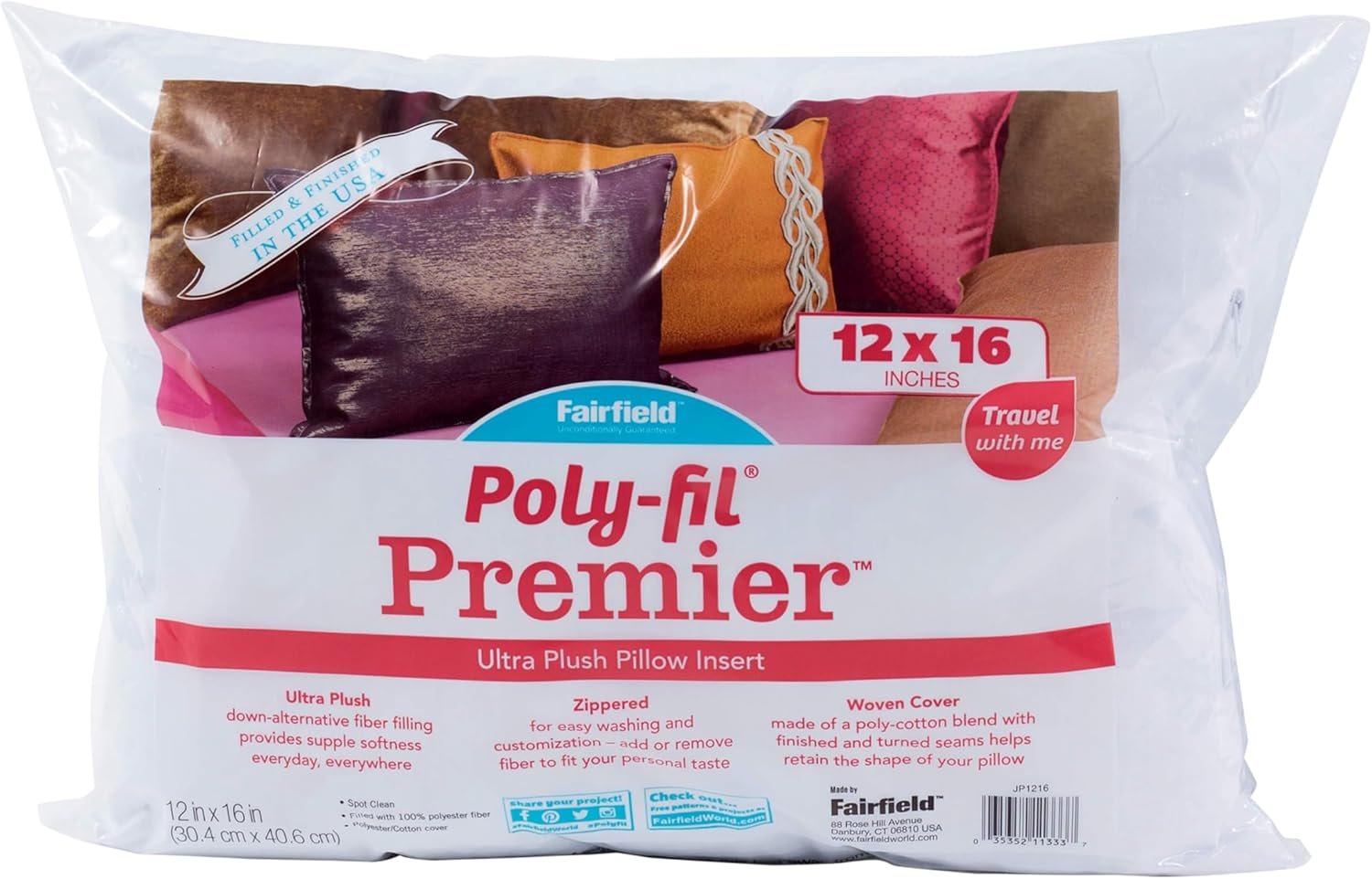 Fairfield Poly-Fil Premier Accent/Travel Pillow Insert, 12″ x 16″, White,JP1216