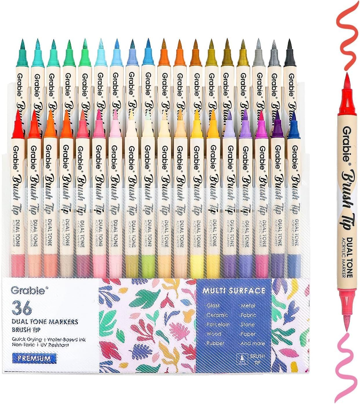 Grabie 72 Colors Acrylic Paint Markers, Soft Brush Tip Acrylic Markers Set, Water Based Acrylic Markers for Wood, Fabric, Canvas, Glass, Stone, Rock Painting and DIY Crafts Art Supplies, Set of 36