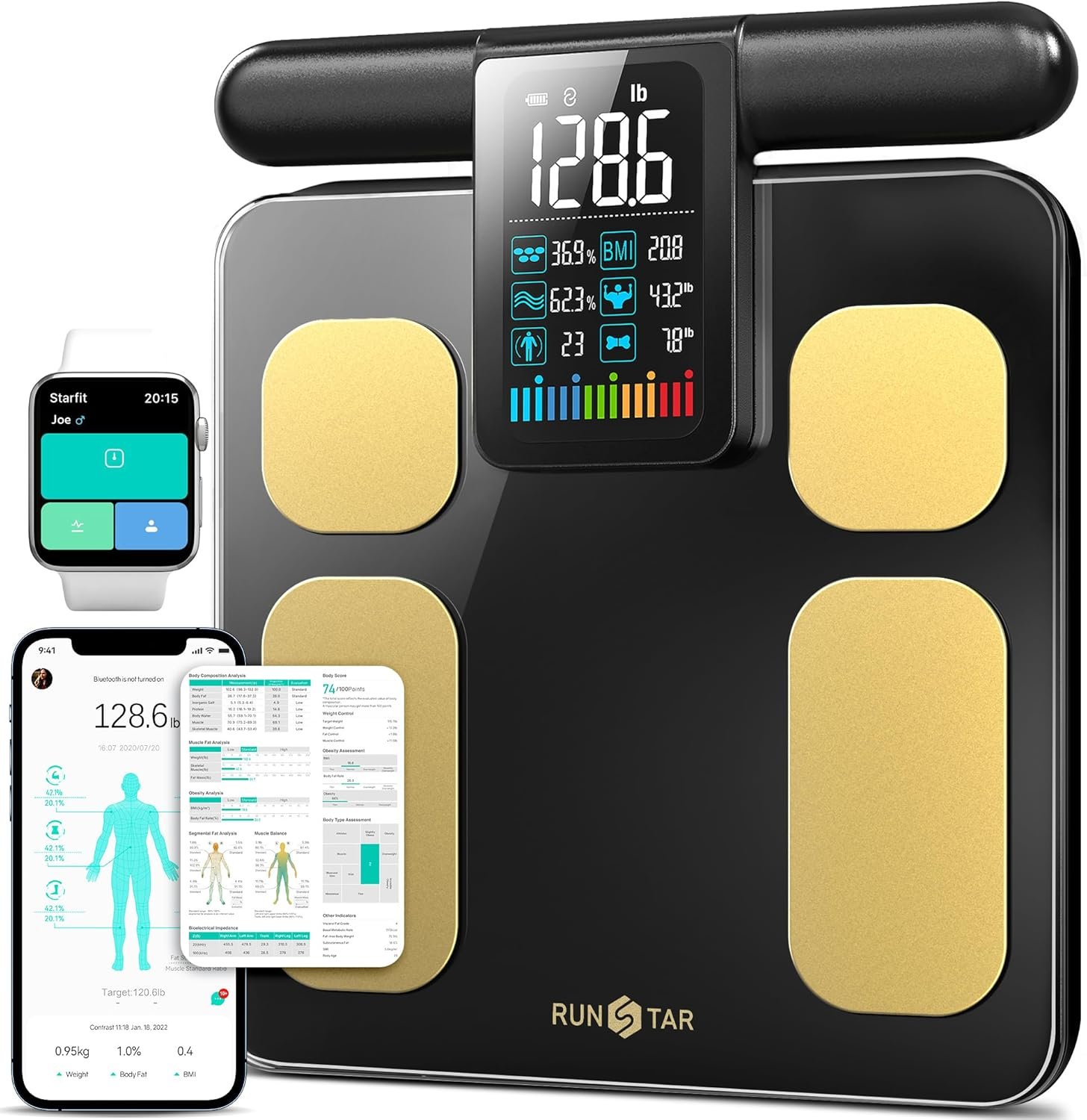 RunStar Scale for Body Weight and Fat Percentage, 8 Electrodes High Precision Digital Scale for BMI 28 Body Composition Measurement, Bathroom Smart Scales with Large Color Display FSA&HSA Eligible