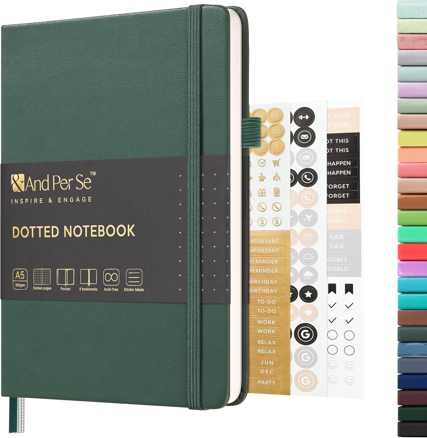 &And Per Se Dotted Journal Notebook, A5 Hardcover Leather Bullet Dotted Journal, 160 Pages 100 gsm Thick Paper, 3 Sheets of Stickers Included – 5.7” x 8” （Green）