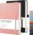 RETTACY Bullet Dotted Journal Notebook, 2-Pack, 160 Numbered Pages per Pack, A5 Medium Size (5.7” x 8.3”), 120 GSM Thick Paper, Leather Hardcover, for Bullet Journaling (Black & Pink)